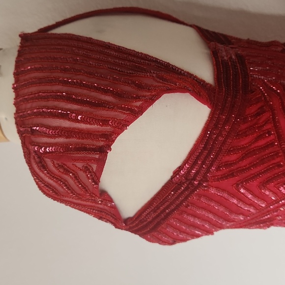 Beaded Adrianna Papell Cap Sleeve Square Neck Claret Red Dress Gown 6p - Picture 9 of 16